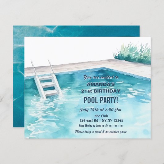 Rustic Summer Swimming Pool Party Birthday  Invite (正面/裏面)