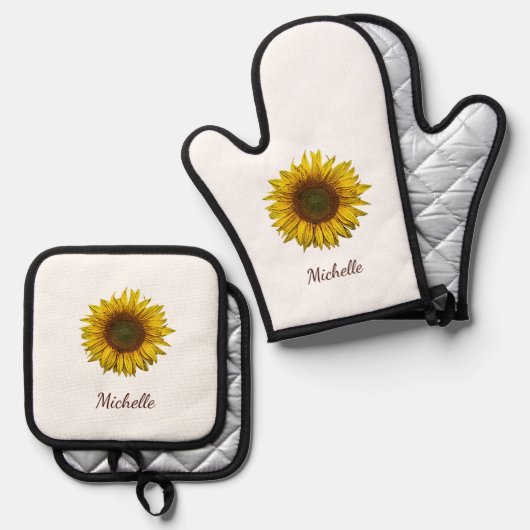 Rustic Sunflower Boho Botanical Personalized 鍋つかみ&鍋敷きセット (正面/裏面)