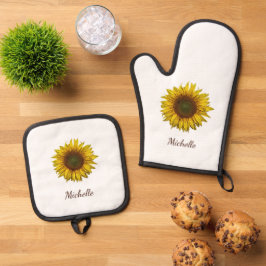 Rustic Sunflower Boho Botanical Personalized 鍋つかみ&鍋敷きセット
