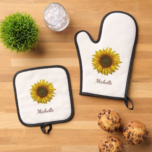 Rustic Sunflower Boho Botanical Personalized 鍋つかみ&鍋敷きセット (トップダウン)