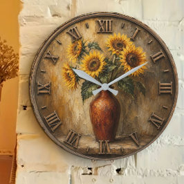 Rustic Sunflower Bouquet Vintage Farmhouse Floral ラージ壁時計