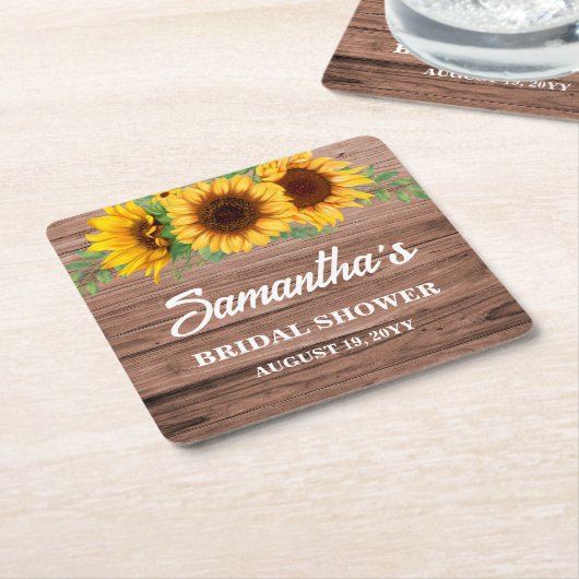 Rustic Sunflower Bridal Shower スクエアペーパーコースター (アングル)