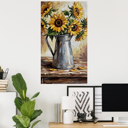 Rustic Sunflower Decor Expressionist Painting ポスター (ホームオフィス)