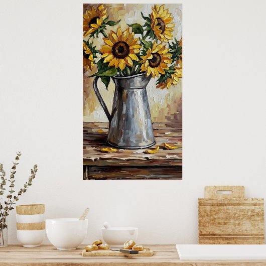 Rustic Sunflower Decor Expressionist Painting ポスター (キッチン)