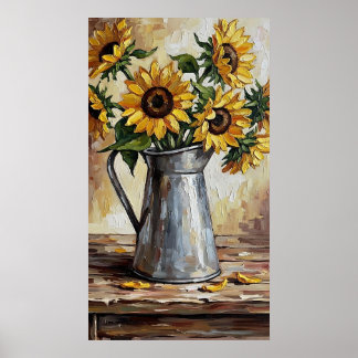 Rustic Sunflower Decor Expressionist Painting ポスター