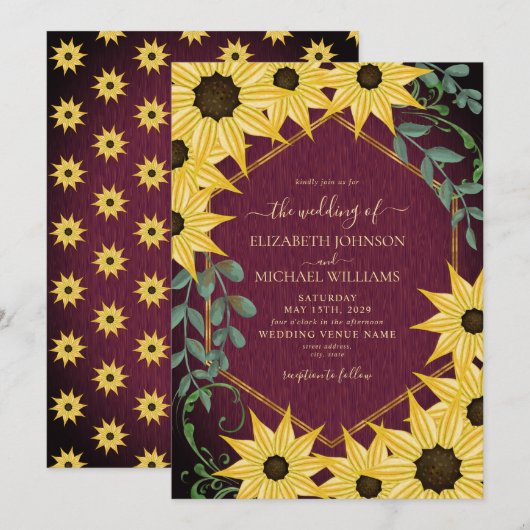 Rustic Sunflower Eucalyptus Wood Watercolor    招待状 (正面/裏面)