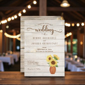 Rustic Sunflower Floral on Wood Wedding Invitation 招待状