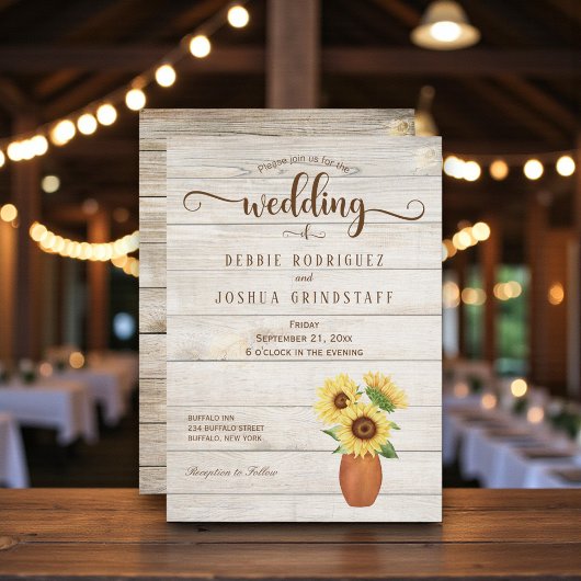 Rustic Sunflower Floral on Wood Wedding Invitation 招待状
