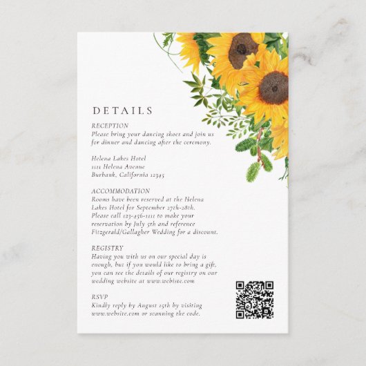 Rustic Sunflower Floral QR Code Wedding エンクロージャーカード (正面)