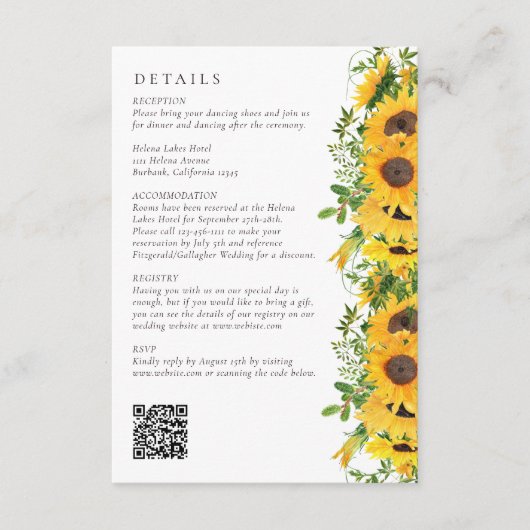 Rustic Sunflower Floral QR Code Wedding エンクロージャーカード (正面)
