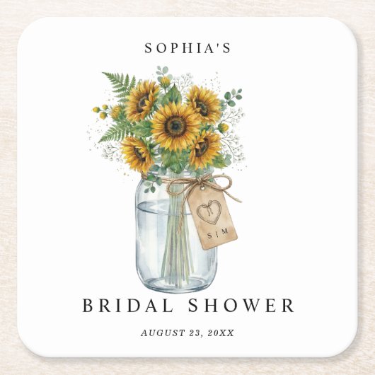 Rustic Sunflower Mason Jar Bridal Shower Square スクエアペーパーコースター (正面)
