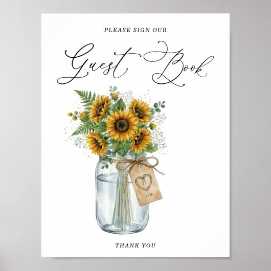 Rustic Sunflower Mason Jar Guest Book Sign ポスター (正面)