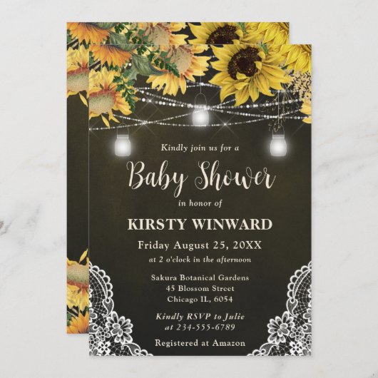 Rustic Sunflower & Mason Jar Lights Baby Shower 招待状 (正面/裏面)