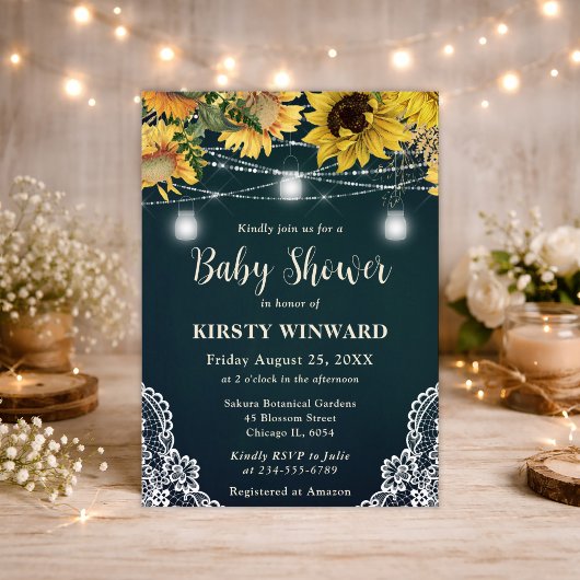 Rustic Sunflower & Mason Jar Lights Baby Shower 招待状