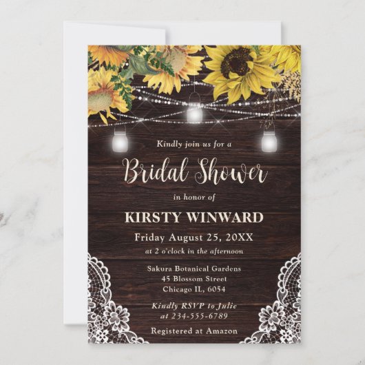 Rustic Sunflower & Mason Jar Lights Bridal Shower 招待状 (正面)