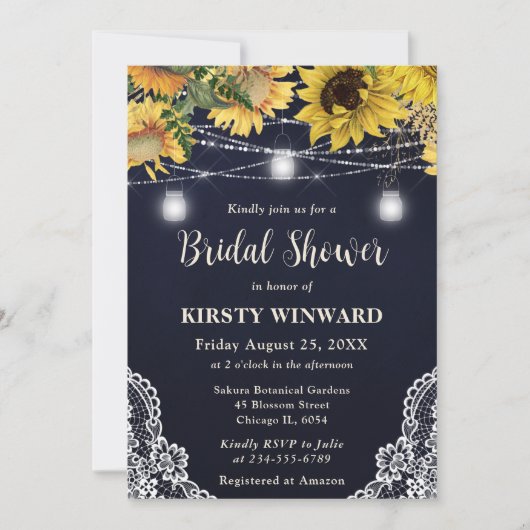 Rustic Sunflower & Mason Jar Lights Bridal Shower 招待状 (正面)