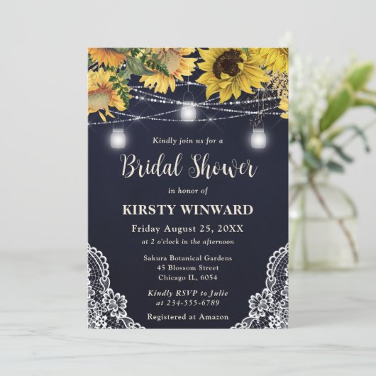 Rustic Sunflower & Mason Jar Lights Bridal Shower 招待状 (スタンド正面)
