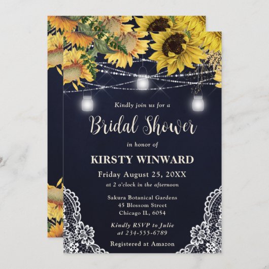 Rustic Sunflower & Mason Jar Lights Bridal Shower 招待状 (正面/裏面)