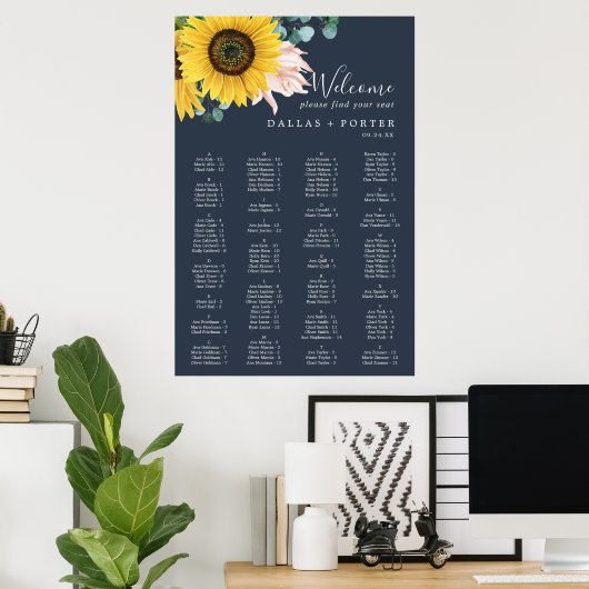 Rustic Sunflower | Navy Alphabetical Seating Chart ポスター (ホームオフィス)