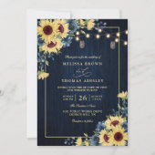Rustic Sunflower Navy Blue Wood QR Code Wedding 招待状 (正面)