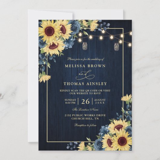 Rustic Sunflower Navy Blue Wood QR Code Wedding 招待状 (正面)