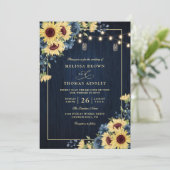 Rustic Sunflower Navy Blue Wood QR Code Wedding 招待状 (スタンド正面)