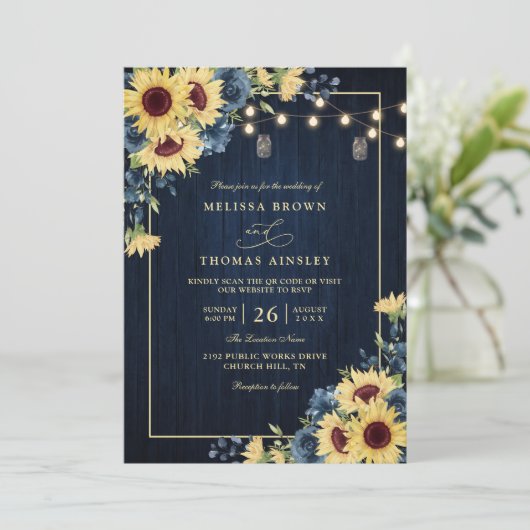 Rustic Sunflower Navy Blue Wood QR Code Wedding 招待状 (スタンド正面)