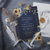 Rustic Sunflower Navy Blue Wood QR Code Wedding 招待状