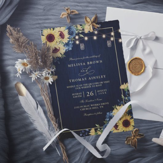 Rustic Sunflower Navy Blue Wood QR Code Wedding 招待状