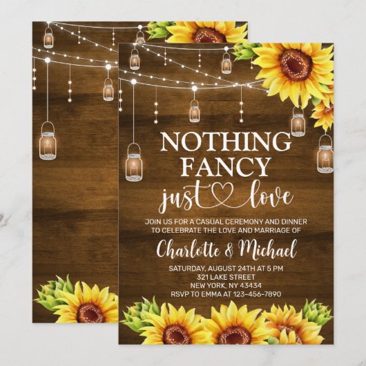 Rustic Sunflower Nothing Fancy Just Love Wedding 招待状 (正面/裏面)
