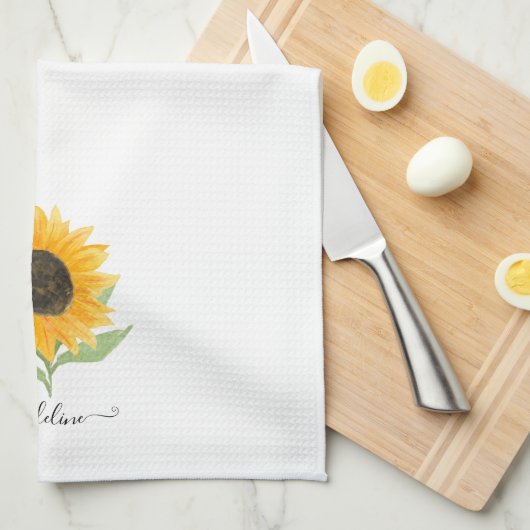 Rustic Sunflower Personalized Name Script キッチンタオル (四つ折り)
