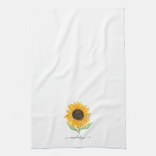 Rustic Sunflower Personalized Name Script キッチンタオル (縦)