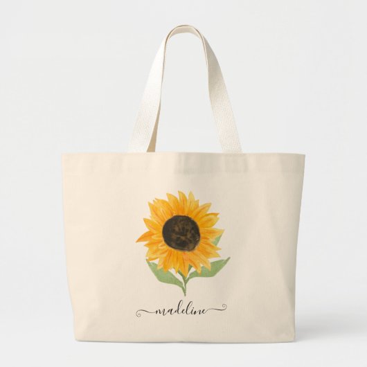Rustic Sunflower Personalized Name Script ラージトートバッグ (正面)