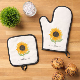 Rustic Sunflower Personalized Name Script 鍋つかみ&鍋敷きセット