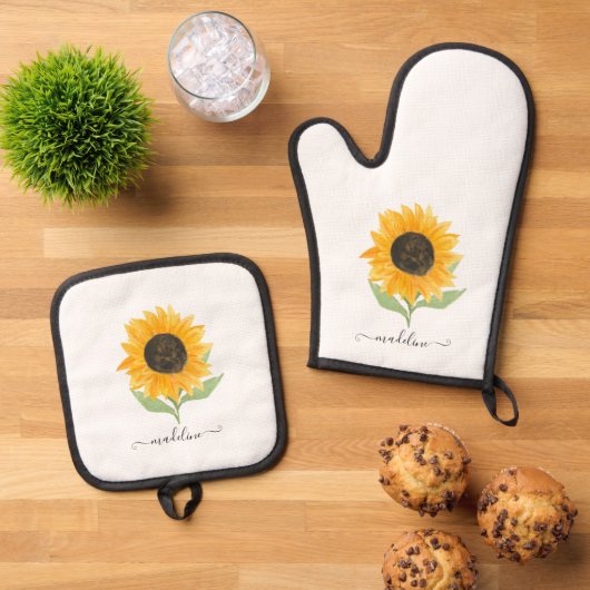Rustic Sunflower Personalized Name Script 鍋つかみ&鍋敷きセット (トップダウン)