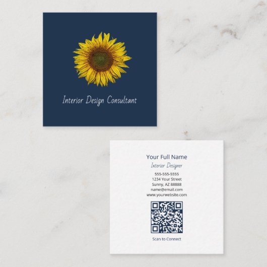 Rustic Sunflower QR code Boho Navy Blue スクエア名刺 (正面/裏面)
