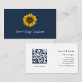 Rustic Sunflower QR code Boho Navy Blue 名刺 (正面/裏面)