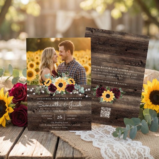 Rustic Sunflower QR Code RSVP Wedding 招待状