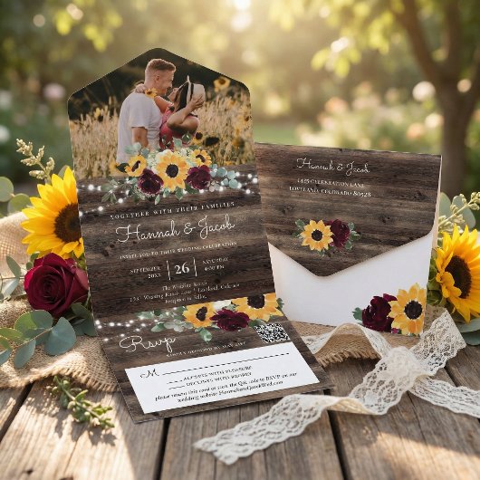 Rustic Sunflower Roses Photo QR Code Wedding オールインワン招待状