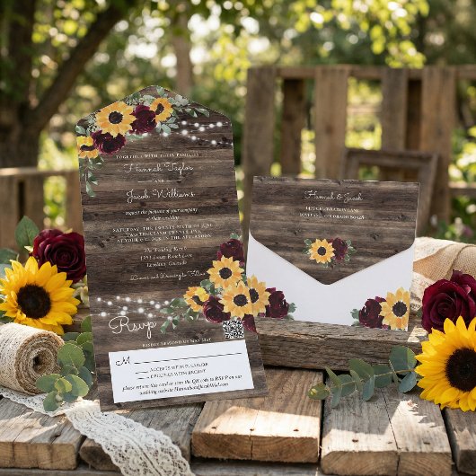 Rustic Sunflower Roses QR Code Wedding オールインワン招待状