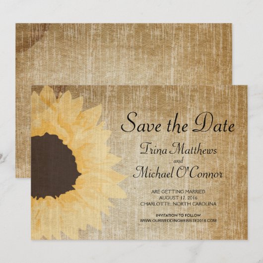 Rustic Sunflower Save the Date 招待状 (正面/裏面)