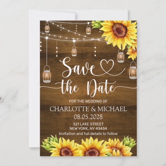 Rustic Sunflower Save the Date Wedding 招待状 (正面)