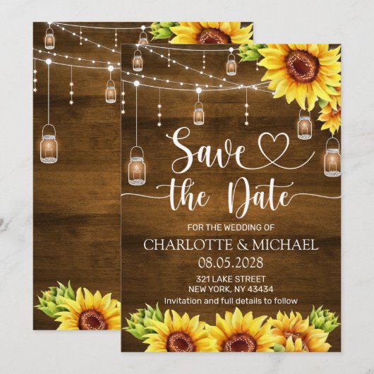 Rustic Sunflower Save the Date Wedding 招待状 (正面/裏面)