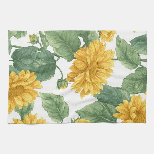 Rustic Sunflower Watercolor Floral Farmhouse キッチンタオル (横)