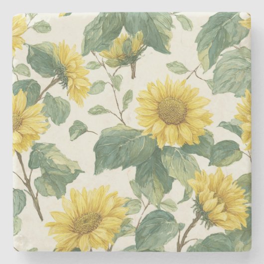 Rustic Sunflower Watercolor Floral Farmhouse ストーンコースター (正面)