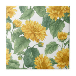 Rustic Sunflower Watercolor Floral Farmhouse タイル