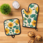 Rustic Sunflower Watercolor Floral Farmhouse 鍋つかみ&鍋敷きセット (トップダウン)