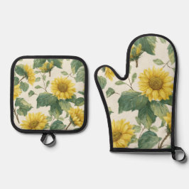 Rustic Sunflower Watercolor Floral Farmhouse 鍋つかみ&鍋敷きセット