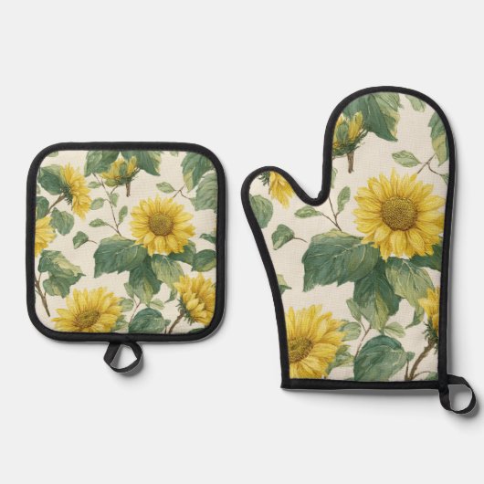 Rustic Sunflower Watercolor Floral Farmhouse 鍋つかみ&鍋敷きセット (正面)