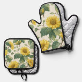 Rustic Sunflower Watercolor Floral Farmhouse 鍋つかみ&鍋敷きセット (正面/裏面)